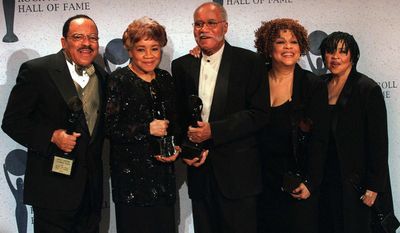 This March 15, 1999, file photo shows the sibling group The Staple Singers, from left, Pervis, Cleotha, Pops, Mavis, and Yvonne at the Rock and Roll Hall of Fame induction ceremony in New York. Yvonne Staples, whose voice and business acumen powered the success of her family&#x27;s Staples Singers gospel group, has died at age 80. The Chicago funeral home Leak and Sons says that she died Tuesday, April 10, 2018, at home in Chicago. (AP Photo/Albert Ferreira, file)