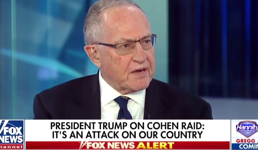 Attorney Alan Dershowitz appears on Fox News to discuss and FBI raid on the offices of Michael Cohen, U.S. President Donald Trump’s personal attorney, April 9, 2018. (Image: Fox News screenshot) 