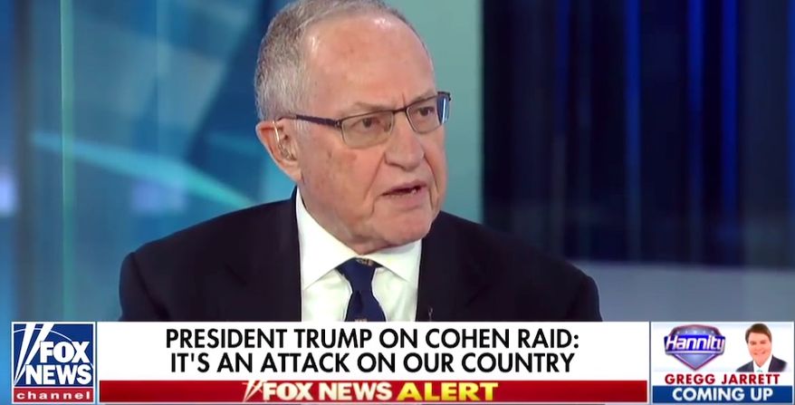 Attorney Alan Dershowitz appears on Fox News to discuss and FBI raid on the offices of Michael Cohen, U.S. President Donald Trump’s personal attorney, April 9, 2018. (Image: Fox News screenshot)