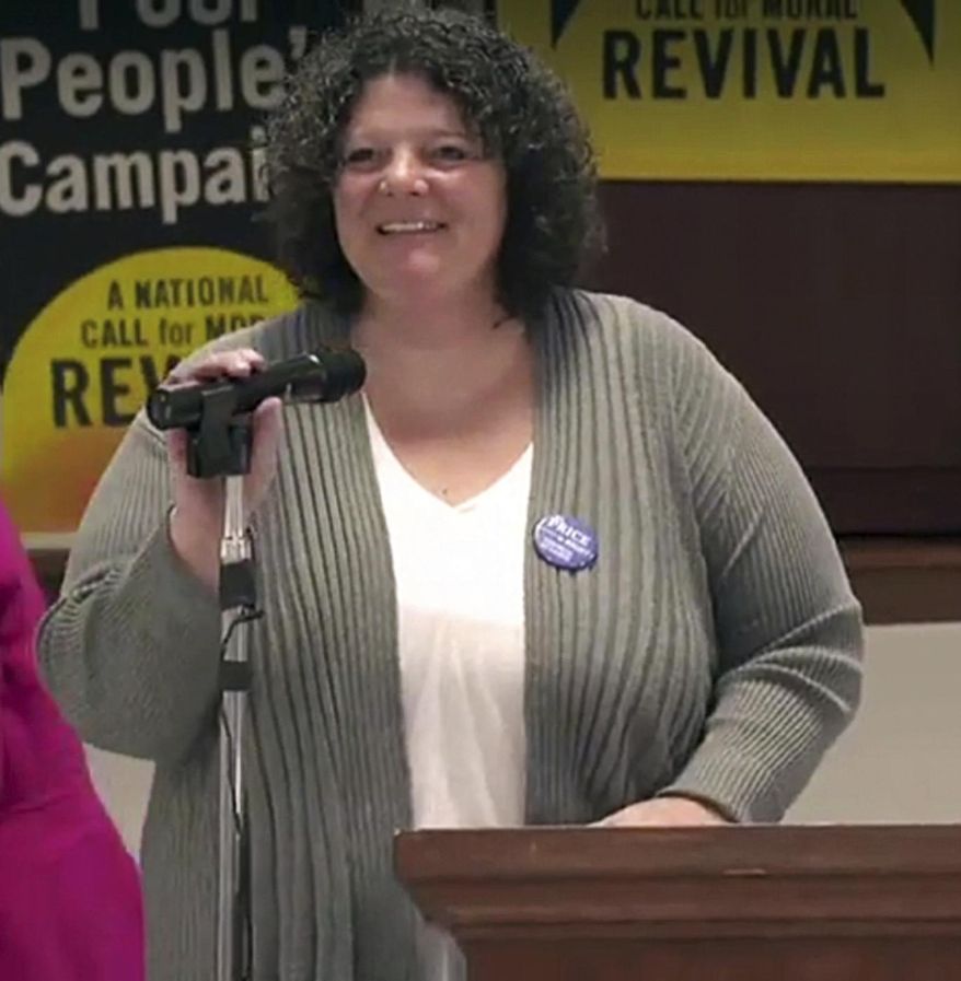 In this March 30, 2018 frame from video provided by the West Virginia Poor People's Campaign, Amy Jo Hutchison speaks during a meeting of the Poor People's Campaign, where she is a chair, in South Charleston, W.Va. She says people perceive her as "solidly middle class" but that she gets government aid for her and her two daughters and she describes herself as living on the "high end of poverty." (West Virginia Poor People's Campaign via AP)