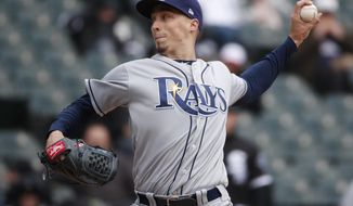 Tampa Bay Rays starting pitcher Blake Snell delivers during the third inning of a baseball game against the Chicago White Sox in Chicago, Tuesday, April 10, 2018. (AP Photo/Jeff Haynes)