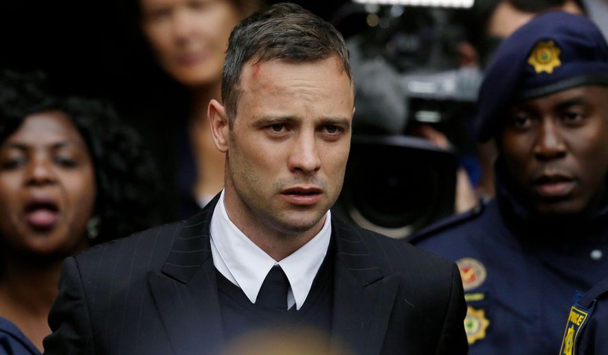 FILE - In this file photo dated Tuesday, June 14, 2016, Oscar Pistorius leaves the High Court in Pretoria, South Africa, after beginning sentencing for the murder of his girlfriend Reev Steenkamp. South Africa&#x27;s highest court dismissed Pistorius&#x27; request to review the 13-year prison sentence on Monday, April 10, 2018, bringing a close to a five-year legal saga surrounding the athlete. (AP Photo/Themba Hadebe, File)