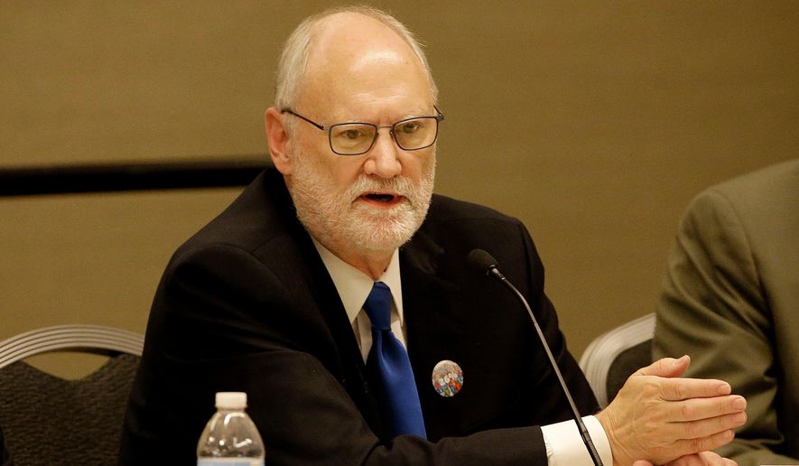 FILE - In this July 17, 2017, file photo, Hon. Sidney Thomas, Chief Judge of the U.S. Court of Appeals for the Ninth Circuit, speaks during a civics program showcase at the 2017 Ninth Circuit Judicial Conference in San Francisco. President Donald Trump's comments about so-called "sanctuary cities" were scrutinized by Thomas at a federal appeals court hearing on Wednesday, April 11, 20128, to determine whether the president's executive order threatening to cut funding from states and cities that limit cooperation with U.S. immigration authorities is legal. (AP Photo/Jeff Chiu, Pool, File)