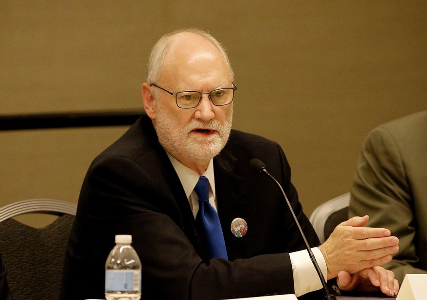 FILE - In this July 17, 2017, file photo, Hon. Sidney Thomas, Chief Judge of the U.S. Court of Appeals for the Ninth Circuit, speaks during a civics program showcase at the 2017 Ninth Circuit Judicial Conference in San Francisco. President Donald Trump's comments about so-called "sanctuary cities" were scrutinized by Thomas at a federal appeals court hearing on Wednesday, April 11, 20128, to determine whether the president's executive order threatening to cut funding from states and cities that limit cooperation with U.S. immigration authorities is legal. (AP Photo/Jeff Chiu, Pool, File)