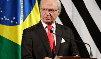 FILE - In this Monday, April 3, 2017 file photo, King Carl Gustaf of Sweden speaks during a meeting with Brazilian and Swedish businessmen, in Sao Paulo, Brazil. Sweden&#39;s king on Wednesday, April 11, 2018 the resignation of three members from the Swedish Academy awarding the Nobel Literature Prize is &amp;quot;deeply unfortunate and risk seriously damaging&amp;quot; the body&#39;s &amp;quot;important activities.&amp;quot;  (AP Photo/Andre Penner, file)