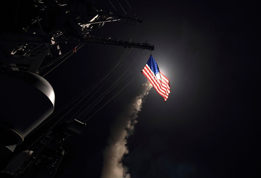 FILE - This Friday, April 7, 2017 file photo provided by the U.S. Navy, the guided-missile destroyer USS Porter (DDG 78) launches a tomahawk land attack missile in the Mediterranean Sea. With the Middle East on edge and many fearing inadvertent triggering of regional war, it is easy to forget that two weeks ago Trump shocked advisers in declaring an intention to withdraw troops from Syria. Now, apparently angered by a suspected chemical attack, Trump is threatening imminent military strikes against the Syrian government forces he blames and rattling a saber at Syria’s patron Russia. (Mass Communication Specialist 3rd Class Ford Williams/U.S. Navy via AP, File)