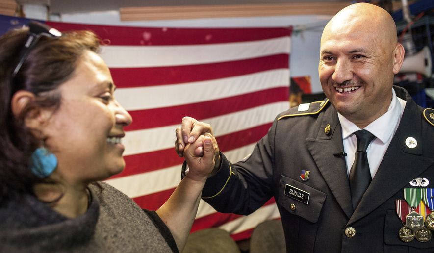 Hector Barajas, a U.S. Army veteran deported twice to Mexico, celebrated last month with Norma Chavez-Peterson, executive director of the American Civil Liberties Union of San Diego and Imperial counties, after learning that he would be granted American citizenship. (Associated Press)