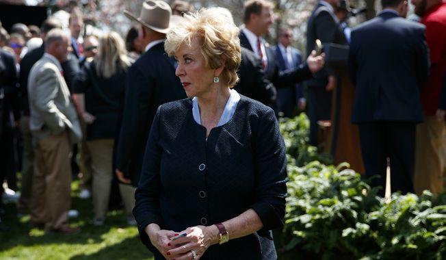 Small Business Administration administrator Linda McMahon leaves an event in the Rose Garden of the White House where President Donald Trump spoke about tax policy, Thursday, April 12, 2018, in Washington. (AP Photo/Evan Vucci)