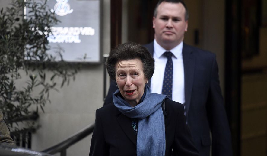 Britain's Princess Anne leaves the King Edward VII Hospital in London, Thursday, April 12, 2018. Princess Anne has visited her father Prince Philip in the hospital where he is recovering from hip replacement surgery. She visited 96-year-old Philip at King Edward VII Hospital for 50 minutes in central London Thursday afternoon and said afterward he is “on good form.” (Victoria Jones/PA via AP)