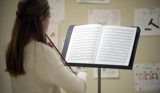 This photo taken April 3, 2018, shows Annapolis Symphony Concertmaster and Academy Program Director Netanel Draiblate teaching prospective Academy student Arnold resident Sunny Bowers inside Temple Beth Shalom.   (Rachael Pacella /Capital Gazette via AP)