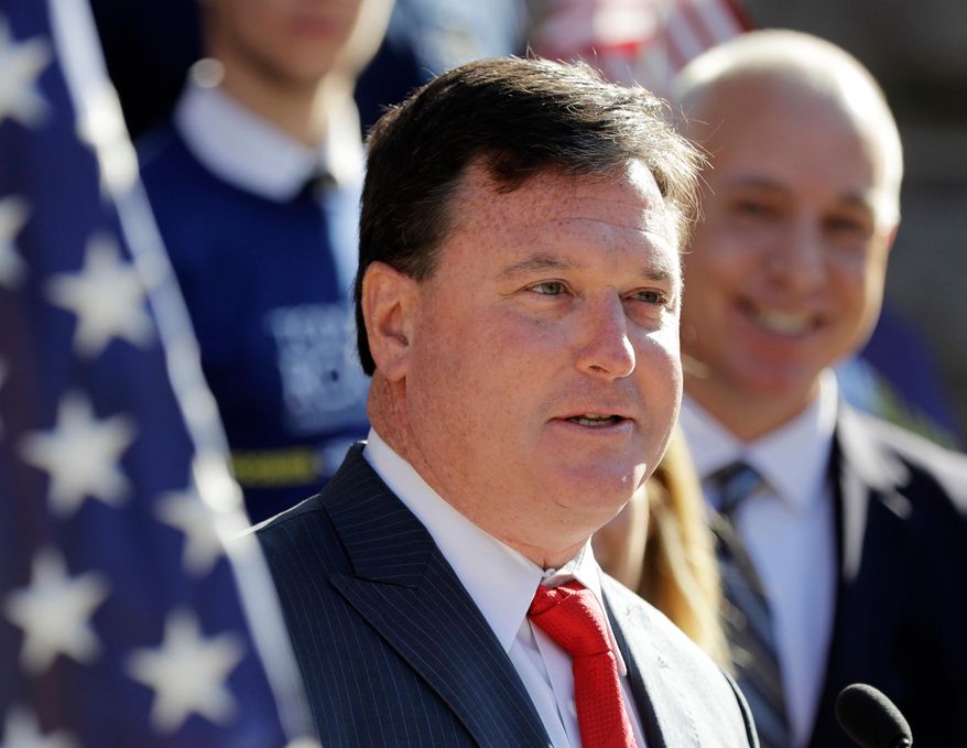 FILE - In this Aug. 9, 2017, file photo, Indiana Rep. Todd Rokita speaks during a news conference outside of the Indiana Statehouse in Indianapolis. Rokita likely violated ethics laws as Indiana&#39;s secretary of state by repeatedly accessing a Republican donor database from his government office, prompting party officials to lock him out of the system until he angrily complained, three former GOP officials told The Associated Press. (AP Photo/Darron Cummings, File)