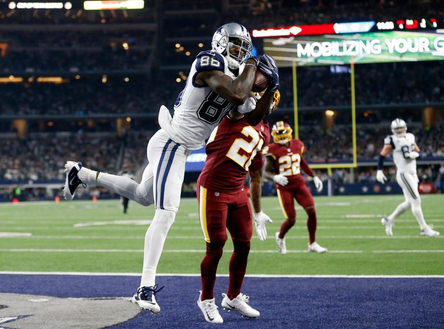 FILE - In this Nov. 30, 2017, file photo, Dallas Cowboys wide receiver Dez Bryant (88) catches a pass for a touchdown over Washington Redskins cornerback Bashaud Breeland (26) in the second half of an NFL football game, in Arlington, Texas. The Cowboys have released Dez Bryant, deciding salary cap relief with the star receiver's declining production outweighs the risk of him returning to All-Pro form with another team. Cowboys owner and general manager Jerry Jones said in a statement Friday, April 13, 2018, it wasn't an easy decision, but was what the organization believes is in its best interest. (AP Photo/Ron Jenkins, File)