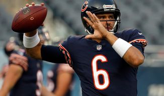 FILE - In this Aug. 31, 2017, file photo, Chicago Bears quarterback Mark Sanchez (6) warms up before an NFL football game against the Cleveland Browns in Chicago. The NFL has suspended free agent Sanchez for the first four games of next season for violating the league&#39;s policy against performance-enhancing substances. The league announced the punishment Friday, April 13, 2018. (AP Photo/Nam Y. Huh, File)