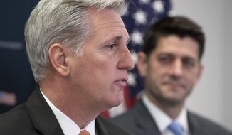 In this Feb. 6, 2018, photo, House Majority Leader Kevin McCarthy, R-Calif., joined at right by Speaker of the House Paul Ryan, R-Wis., talks with reporters at the Capitol in Washington. Ryan is backing McCarthy as his successor. In an interview with NBC&#39;s &quot;Meet the Press,&quot; Ryan says McCarthy is &quot;the right person.&quot; &quot;I think Kevin is the right guy to step up,&quot; Ryan says in the interview that will air Sunday. (AP Photo/J. Scott Applewhite)
