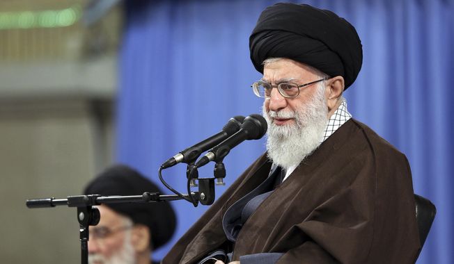 In this picture released by an official website of the office of the Iranian supreme leader, Supreme Leader Ayatollah Ali Khamenei speaks at a meeting in Tehran, Iran, Saturday, April 14, 2018. Khamenei said that the U.S.-led attack on Syria is a &quot;crime&quot; and said the countries behind it will gain nothing. The Iranian Foreign Ministry strongly condemned the strikes and warned of unspecified consequences. (Office of the Iranian Supreme Leader via AP) **FILE**