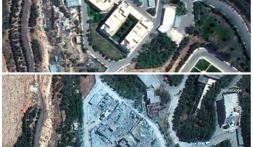 Satellite images show the Barzah Research and Development Center in Syria on Friday (top) and on Sunday. The parameters of presidential powers for such a strike are far from clear. Story, A6. (Associated Press)