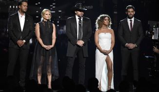 Luke Bryan, from left, Miranda Lambert, Jason Aldean, Maren Morris and Thomas Rhett speak at the 53rd annual Academy of Country Music Awards at the MGM Grand Garden Arena on Sunday, April 15, 2018, in Las Vegas. (Photo by Chris Pizzello/Invision/AP)