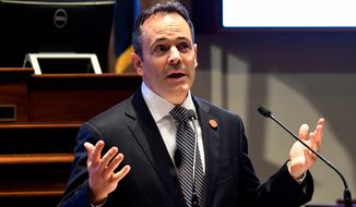 FILE - In this Tuesday, Jan. 16, 2018 file photo, Kentucky Gov. Matt Bevin speaks to a joint session of the General Assembly at the Capitol, in Frankfort, Ky. Gov. Bevin announced Monday, April 9, 2018, that he will veto a tax increase and 2-year operating budget GOP legislature approved in part for education. (AP Photo/Timothy D. Easley, File)