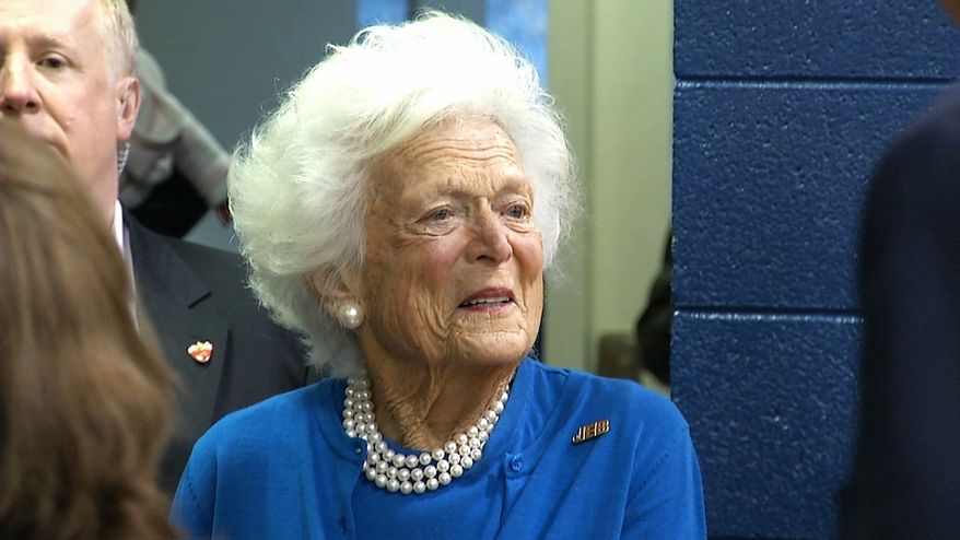 Former first lady Barbara Bush, the mother of Republican presidential candidate Jeb Bush, stands outside of Eastlan Baptist Church, a polling location in Greenville, South Carolina, on Saturday, Feb. 20, 2016. (AP Photo/Alex Sanz)
