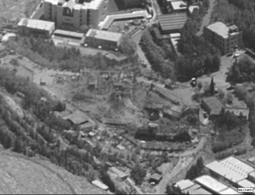 This image provided by the Department of Defense was presented as part of a briefing slide at the Pentagon briefing on Saturday, April 14, 2018, and shows a photo of a preliminary damage assessment from the Barzah Research and Development Center in Syria that was struck by missiles from the U.S.-led coalition in response to Syria's use of chemical weapons on April 7. (Department of Defense via AP)