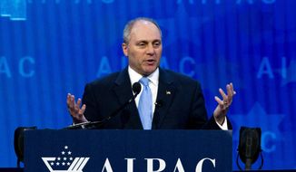 FILE - In this March 6, 2018, file photo, House Republican Whip Steve Scalise speaks at the 2018 American Israel Public Affairs Committee (AIPAC) policy conference in Washington. Scalise is undergoing on April 16, a planned follow-up surgery 10 months after he was badly wounded by a gunman who fired at a Republican baseball practice. (AP Photo/Jose Luis Magana, File)