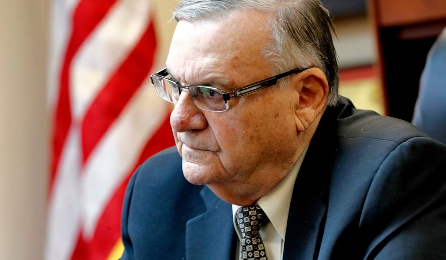 FILE - In this Jan. 10, 2018, file photo, former Maricopa County Sheriff and U.S. Senate candidate Joe Arpaio speaks at his office in Fountain Hills, Ariz. An appeals court on Tuesday, April 17, 2018, ordered that a special prosecutor be appointed to defend a court ruling that dismissed the now-pardoned criminal case but didn&#x27;t erase his criminal record. (AP Photo/Matt York, File)