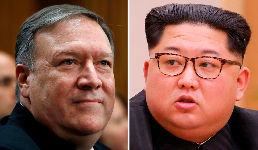 This combination of two file photos shows CIA Director Mike Pompeo, left, listens during his introductions before the Senate Foreign Relations Committee during a confirmation hearing on his nomination to be secretary of state on Capitol Hill in Washington on April 12, 2018, and  North Korean leader Kim Jong-un attends a meeting of the Political Bureau of the Central Committee of the Workers&#x27; Party of Korea, in Pyongyang, North Korea on April 9, 2018. Pompeo recently traveled to North Korea to meet with Kim, two U.S. officials said Tuesday, April 17, 2018. (AP Photo/Jacquelyn Martin)