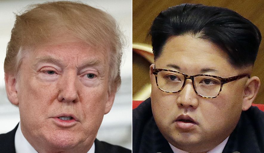 This combination of two file photos shows U.S. President Donald Trump, left, speaking in the State Dining Room of the White House, in Washington on Feb. 26, 2018, and North Korean leader Kim Jong-un attending in the party congress in Pyongyang, North Korea on May 9, 2016. (AP Photo/Evan Vucci, Wong Maye-E, File)