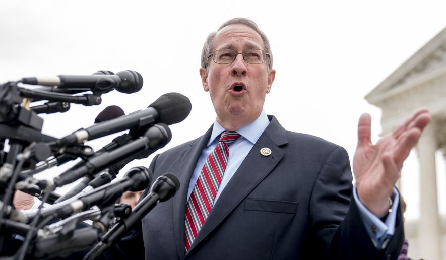 Rep. Bob Goodlatte, R-Va., speaks outside the Supreme Court after the court heard oral arguments on a case involving a rule stemming from two, decades-old Supreme Court cases on state&#39;s sales tax collection, Tuesday, April 17, 2018, in Washington. South Dakota v. Wayfair is a case arguing about whether a rule the Supreme Court announced decades ago in a case involving a catalog retailer should still apply in the age of the internet. (AP Photo/Andrew Harnik)