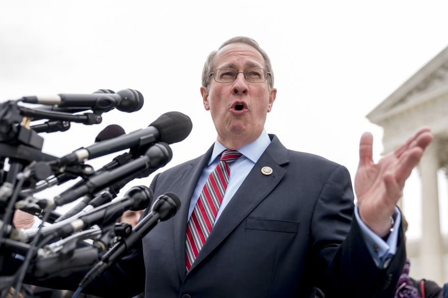 Rep. Bob Goodlatte, R-Va., speaks outside the Supreme Court after the court heard oral arguments on a case involving a rule stemming from two, decades-old Supreme Court cases on state&#39;s sales tax collection, Tuesday, April 17, 2018, in Washington. South Dakota v. Wayfair is a case arguing about whether a rule the Supreme Court announced decades ago in a case involving a catalog retailer should still apply in the age of the internet. (AP Photo/Andrew Harnik)