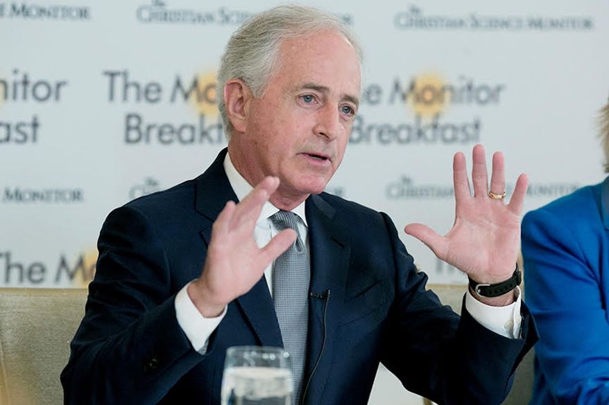 Sen. Bob Corker, Tennessee Republican, speaks at The Christian Science Monitor Breakfast on Wednesday, April 18, 2018. (Photo credit: Michael Bonfigli/The Christian Science Monitor)