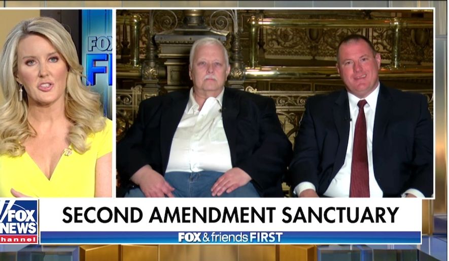 Effingham County State&#x27;s Attorney Bryan Kibler (right) and board member David Campbell discuss their stand against Illinois gun control laws during a Fox News interview held April 19,2018. (Image: Fox News screenshot)