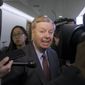 Sen. Lindsey Graham, R-S.C., a member of the Senate Judiciary Committee is questioned by reporters as he arrives for the panel to consider a bipartisan bill he introduced to protect special counsel Robert Mueller&#x27;s job, on Capitol Hill in Washington, Thursday, April 19, 2018. (AP Photo/J. Scott Applewhite) ** FILE **