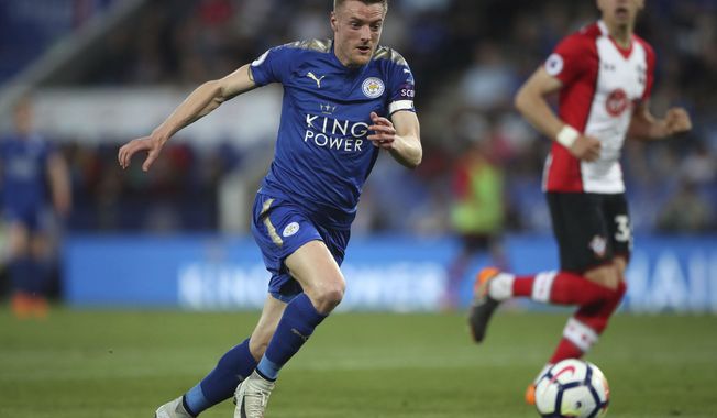 Leicester City&#x27;s Jamie Vardy chases the ball during the English Premier League soccer match between Leicester and Southampton, at the King Power Stadium, in Leicester, England, Thursday April 19, 2018. (Nick Potts/PA via AP)