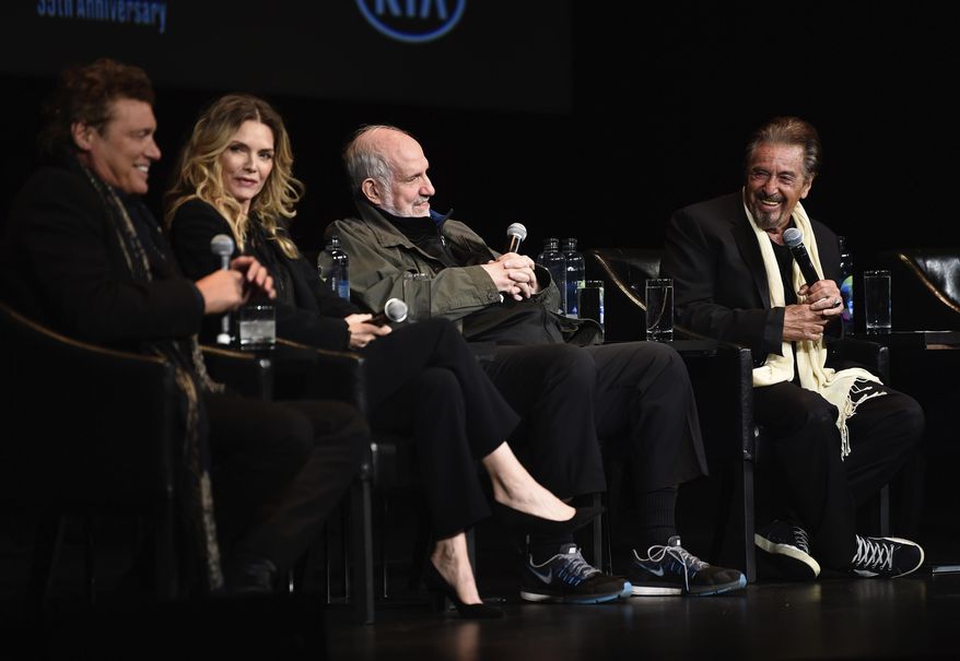 From left to right, actor Steven Bauer, actress Michelle Pfeiffer, director Brian De Palma and actor Al Pacino attend a 35th anniversary screening "Scarface" at the Beacon Theatre during 2018 Tribeca Film Festival on Thursday, April 19, 2018, in New York. (Photo by Evan Agostini/Invision/AP)