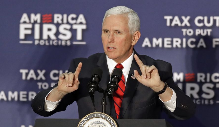 Vice President Mike Pence speaks at event on tax policy in Charlotte, N.C., Friday, April 20, 2018. (AP Photo/Chuck Burton) ** FILE **