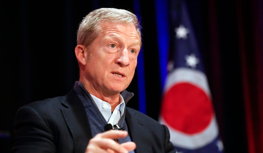 FILE - In this March 16, 2018, file photo, political activist Tom Steyer speaks during an event in Cincinnati. Steyer is spending millions of his own money on a campaign arguing to remove President Donald Trump from office, but the effort isn’t necessarily reflected across the rest of the Democratic Party and the progressive left. House Democratic leader Nancy Pelosi says her caucus and its candidates are focused more on economic issues ahead of the November midterm elections. Other Democrats say Congress has to wait for the conclusions of special counsel Robert Mueller.(AP Photo/John Minchillo, File)
