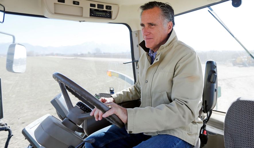 FILE - In this Feb. 16, 2018, file photo, shows former Republican presidential candidate Mitt Romney sitting behind the wheel of a tractor during a tour of Gibson&#x27;s Green Acres Dairy in Ogden, Utah. Romney is gearing up for arguably the biggest challenge of his Senate campaign: A Utah Republican party convention where he&#x27;ll have to face down nearly a dozen contenders in front of a far-right-leaning audience. (AP Photo/Rick Bowmer, File)&#x27;