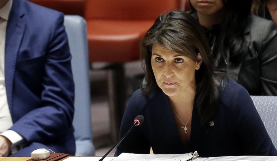 United States Ambassador to the United Nations Nikki Haley speaks at a Security Council meeting at United Nations headquarters, Thursday, April 19, 2018. (AP Photo/Seth Wenig) ** FILE **