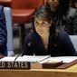 United States Ambassador to the United Nations Nikki Haley speaks at a Security Council meeting at United Nations headquarters, Thursday, April 19, 2018. (AP Photo/Seth Wenig) ** FILE **
