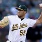 Oakland Athletics starting pitcher Sean Manaea throws to a Boston Red Sox batter during the first inning of a baseball game in Oakland, Calif., Saturday, April 21, 2018. (AP Photo/John Hefti)