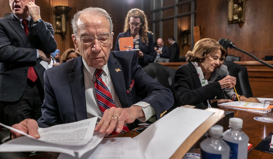 Judiciary Committee Chairman Chuck Grassley, Iowa Republican, refused to postpone a nomination hearing Wednesday while the Senate is in recess. He said Sen. Dianne Feinstein (right) of California, the committee&#39;s top Democrat, had agreed to that date after requesting three other delays. (Associated Press/File)