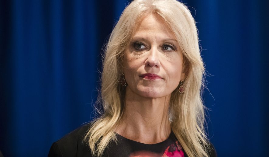 Counselor to the President Kellyanne Conway during a news conference in Trenton, N.J., Monday, Sept. 18, 2017. (AP Photo/Matt Rourke) ** FILE **