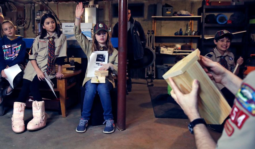 In a Thursday, March 1, 2018 photo, Tatum Weir, center, raises her hand as she prepares to ask a question while going over plans to build a tool box during a cub scout meeting in Madbury, N.H. Fifteen communities in New Hampshire are part of an "early adopter" program to allow girls to become Cub Scouts and eventually Boy Scouts. Tatum and her twin brother Ian are planning to become the first set of girl-boy siblings to become Eagle Scouts. (AP Photo/Charles Krupa)