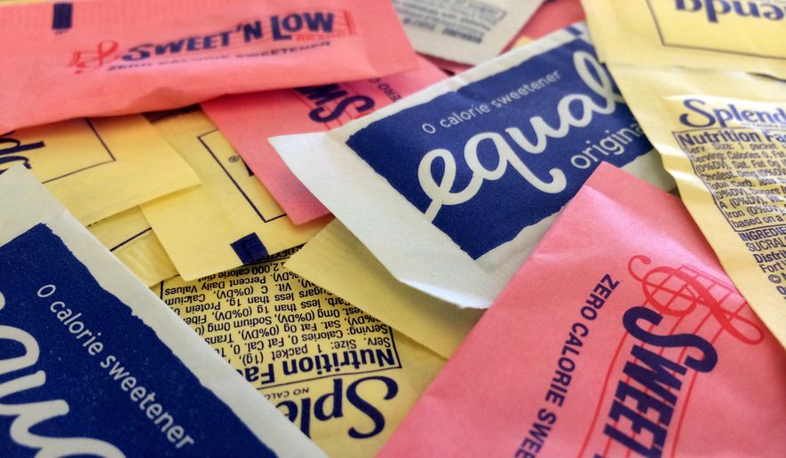 Artificial sweeteners are displayed, on Wednesday, Sept. 17, 2014, in New York. Artificial sweeteners may set the stage for diabetes in some people by hampering the way their bodies handle sugar, according to results of a study released Wednesday by the journal Nature. (AP Photo/Jenny Kane)