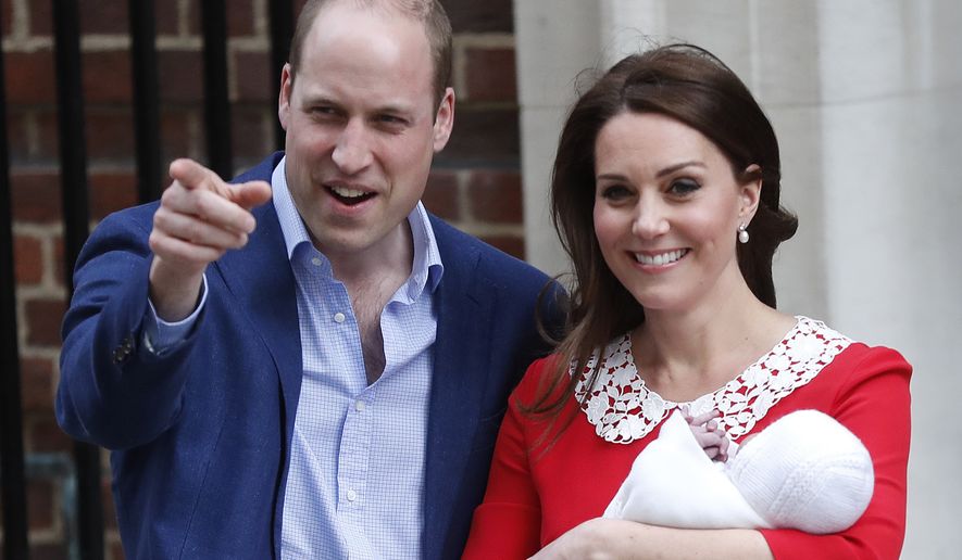 Britain&#x27;s Prince William and Kate, Duchess of Cambridge pose for a photo with their newborn baby son as they leave the Lindo wing at St Mary&#x27;s Hospital in London London, Monday, April 23, 2018. The Duchess of Cambridge gave birth Monday to a healthy baby boy — a third child for Kate and Prince William and fifth in line to the British throne. (AP Photo/Frank Augstein)
