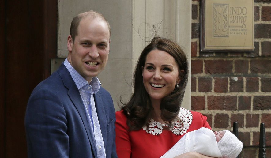 Britain's Prince William and Kate, Duchess of Cambridge smile as they hold their newborn baby son as they leave the Lindo wing at St Mary's Hospital in London London, Monday, April 23, 2018. The Duchess of Cambridge gave birth Monday to a healthy baby boy — a third child for Kate and Prince William and fifth in line to the British throne. (AP Photo/Tim Ireland)