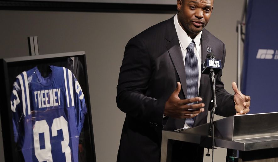 Former Indianapolis Colts player Dwight Freeney speaks during a news conference at the NFL team's practice facility, Monday, April 23, 2018, in Indianapolis. Freeney retired as an Indianapolis Colt after 16 years in the league. (AP Photo/Darron Cummings)