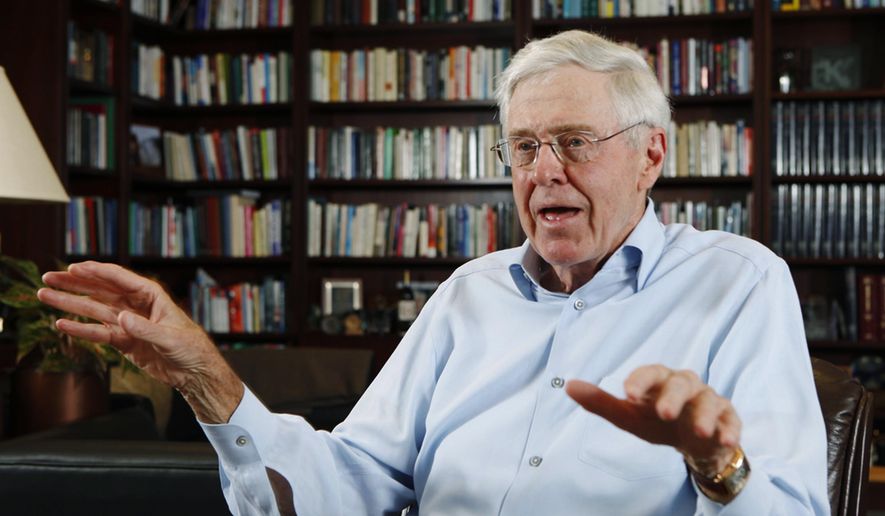FILE - In this May 22, 2012, file photo, Charles Koch speaks in his office at Koch Industries in Wichita, Kan. A sure sign of policy success for the sprawling conservative network funded by the billionaire Koch brothers is Democratic pushback. With regulations being rolled back and huge tax cuts, Democrats question how far the Koch network&#39;s influence extends. (Bo Rader/The Wichita Eagle via AP, File)