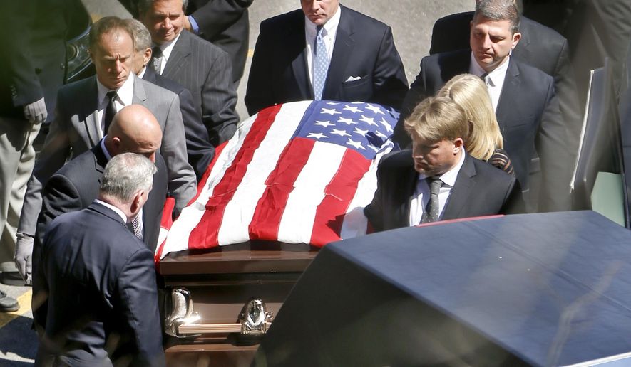 Pallbearers carry the casket of former professional wrestler Bruno Sammartino Monday, April 23, 2018, in Ross Township, Pa., a suburb just north of Pittsburgh. (AP Photo/Keith Srakocic)
